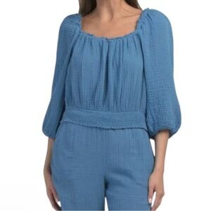 Michael Stars Kate Square Neck Gauzy Coastal Balloon Sleeve Smocked Hem Blouse M